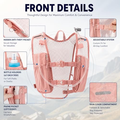 Zavothy Hydration Vest Pack with 1.5L Water Bladder, Lightweight 6L Hydration Backpack for Running, Hiking & Cycling, Breathable Reflective Hydration Vest for Men & Women - color: Pink
