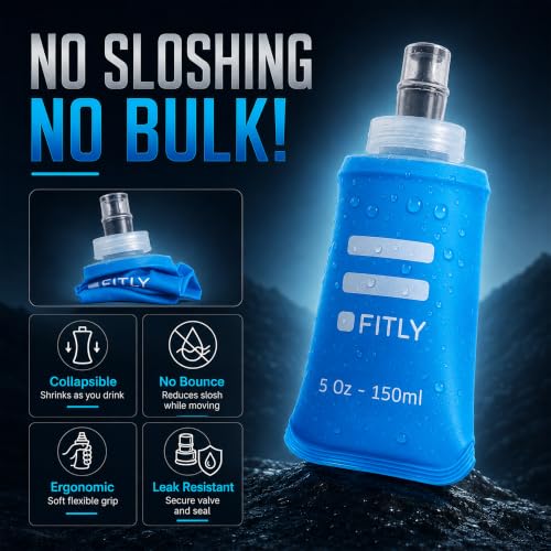 FITLY Soft Flask Running Water Bottle - Collapsible Hydration Flask - color: Blue, size: 5 Ounces