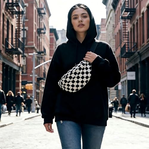 Fanny Pack For Women and Men Waist Bag Fashion Waist Packs Adjustable Belt Bag Canvas Crossbody Fanny Bag for Running Hiking Sports Exercise Travel - color: Black White