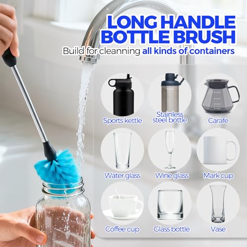 Holikme 6 Pack Bottle Brush 14.5" Long Handle Stainless Steel Brush,Blue
