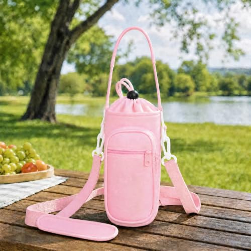Crossbody Water Bottle Holder with Strap, Phone Pocket(Pink, 32, Ounces) - color: Pink