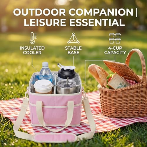 Drink Carrier Tote Bag, Family Size 4 Compartment Drink Carrier - color: Pink