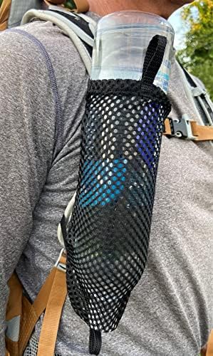 Water Bottle Holder for Backpack Non-Detachable Shoulder Straps - Fits 1L Smartwater, Detachable Rear Clips, Ultralight 0.7 oz, Durable Nylon Mesh Backpack Attachment