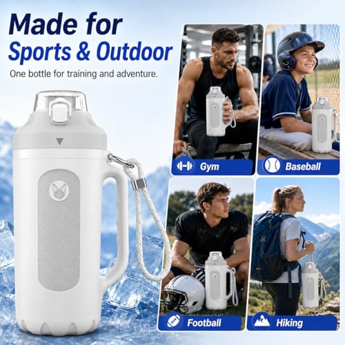 32oz Insulated Water Bottle Multi-Function Sports Jug with Handle & Magnetic Blender - Leak Resistant for Baseball Football Gym & Outdoor Activities (Pure White & Light Gray) - color: Pure White & Light Gray