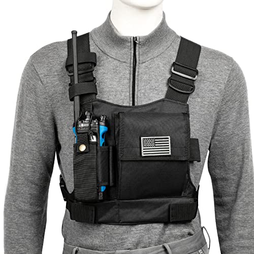 LUITON Radio Chest Harness with Reflective Strips Shoulder Holster Radio Vest Holder Two Way Radio Vest Rig Walkie Talkie Case with Front Pack Pouch for Motorola/Midland/Baofeng/Retevis - color: 22165 Black