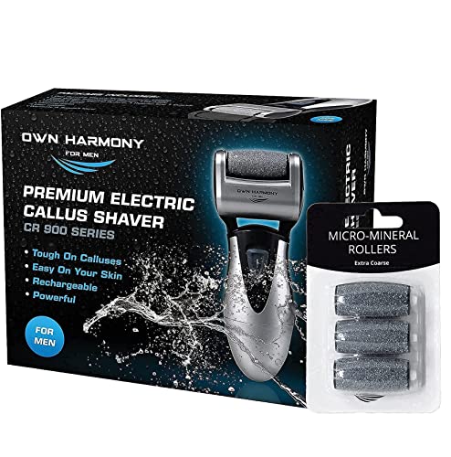 Own Harmony Electric Feet Callus Remover and 6 Rollers Bundle: Rechargeable Foot Scrubber Mens Pedicure Tools Kit, Professional Electronic Foot Care File, Best for Hard Cracked Dead Skin & Pedi Spa