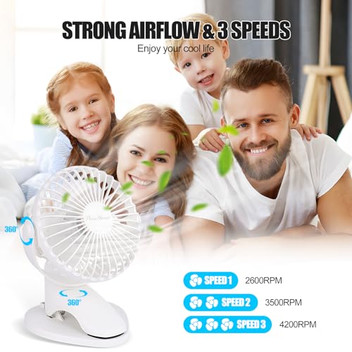 Portable Clip Fan Battery Operated,3 Speeds USB Rechargeable Mini Table Fan with Strong Airflow,360°Rotation Ultra Quiet Personal Desk Fan for Home Office Bedroom Dorm Stroller Camping(White) - color: White