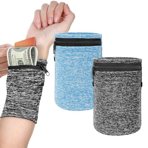 2 Pack Wrist Wallet Wristband with Zipper, 2 Pocket Wrist Pouch for Keys ID Cards Cash, Sports Sweatband for Running, Gym, Outdoor Activities