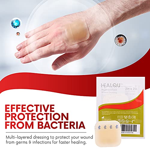 Healqu Hydrocolloid Wound Dressing - 2x2" Thin - Box of 20 Large Bandages - Sterilized Bordered Hydrocolloid Patches for Bed Sores, Abrasions, and More - Waterproof and Absorbent with Protective - size: 2x2" Thin - Box of 20