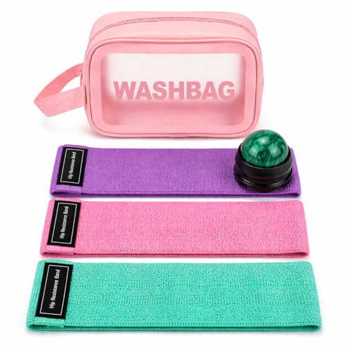 Fabric Resistance Bands for Working Out Women - Set of 3 with Massage Roller Ball & Waterproof Gym Bag - Anti-Slip Glute, Hip & Leg Workout Bands - color: Purple, Pink, Green