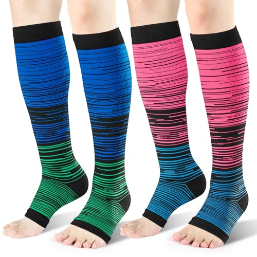 Toeless Compression Socks 15-20 mmHg, 2 Pairs open toe Knee High Support - color: G-dense Line, size: Small-Medium