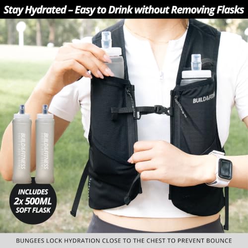Build & Fitness LITEVEST Running Vest with 2X 500ml Soft Flasks – 7 Pockets, Lightweight, Breathable Hydration Vest – Premium, Secure, Comfort & Style for Training, Trails, Marathons & Everyday Runs - size: XS / S