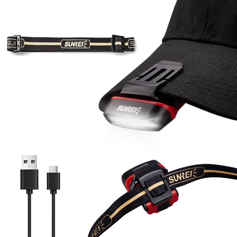 SUNREI Rechargeable Motion Sensor Clip on Hat Light with 150 Lumen & 600 mAh Headlamp, Rotatable Headlamp Flashlight for Fishing Camping Running Hand Work, Include Headband (Red) - size: H150-red