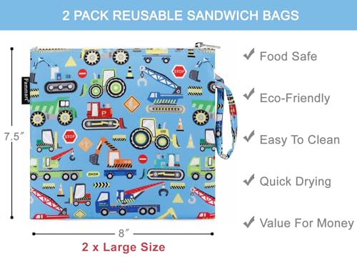 Fammart Reusable Sandwich Bag/Snack Bag for Kids & Adults, Dual Layer Lunch Bag with Handle, Washable, Food Safe, BPA Free (2-Pack, Car) - color: Large, 2 Packs - Car