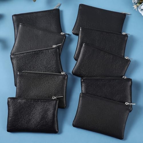 10 Pcs Coin Purse Portable PU Leather Coin Purse Pouch Mini Card Holder Wallet with Zipper Small Change Bag for Women Men Credit Card Folded Bills ID Key Headset Lipstick - color: Black