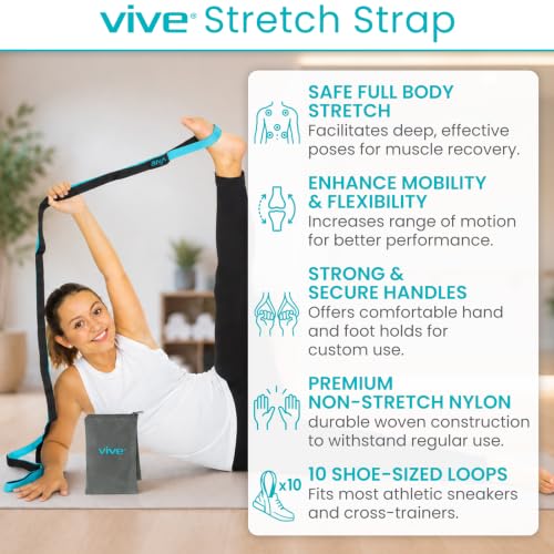Vive Stretch Strap (75" - 10 Loops) - Leg Stretch Band to Improve Flexibility - Stretching Out Yoga Strap - Exercise and Physical Therapy Belt for Rehab, Pilates and Gymnastics with Guide Book - color: Teal