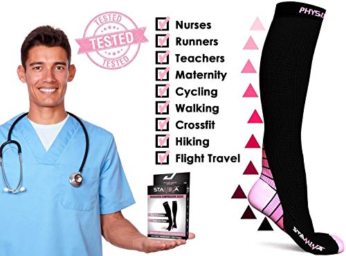 Physix Gear Compression Socks 20-30 mmHg - Men & Women - Running, Nurses, Shin Splints, Flight, Travel - color: Black/Pink, size: XX-Large