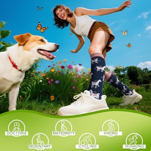 6 Pairs 20-30 mmHg Knee High Compression Socks, Unisex, Running, Travel - color: E-cow, size: Small-Medium