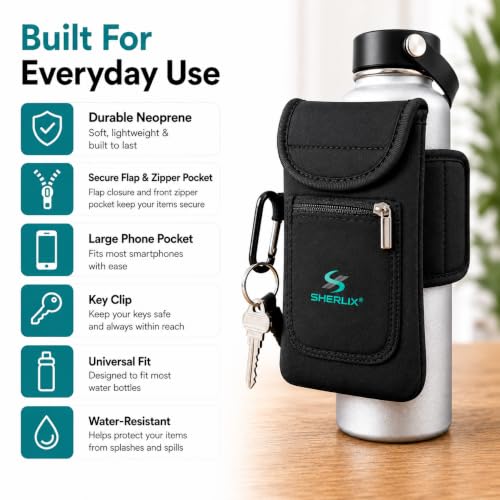 Gym Water Bottle Pouch, Waterproof Neoprene Sleeve with Accessory Pockets for Cell Phone, Airpods, Cards, Keychain Carabiner, Bottle Holder for Workout, Hiking, and More, Fits 18-40 oz Bottles - style: Universal Water Bottle Pouch (Black 18-40 oz)