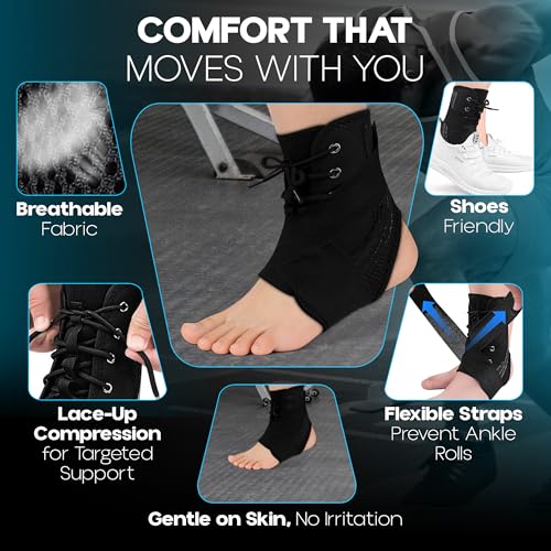 Ankle Brace lace up Stabilizers Adjustable Ankle Support for Sports Protect, Sprained Ankle, Ligament Damage, Injury Recovery (Black, Medium) - size: Medium