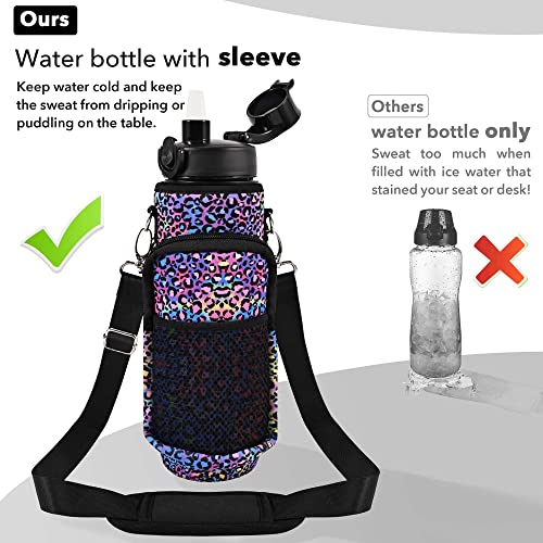 32 oz Water Bottles with Strap & Straw, Sport Motivational Water Bottles - color: Laser Leopard