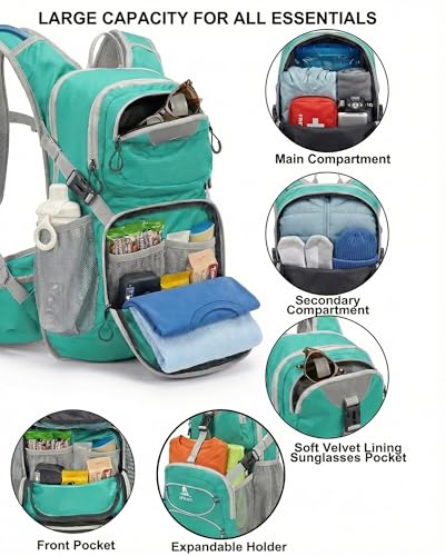 VPBAGE Hydration Backpack with 2L Bladder – Thermal Insulated Water Pack for Hiking, Skiing, Running – Lightweight Daypack for Men & Women, Soft-Lined Sunglasses Pocket & Large Waist Pockets - color: Teal