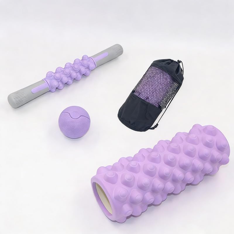 4 in 1 Foam Roller Set, Trigger Point Foam Roller with Massage Stick & Massage Ball, Deep Tissue Muscle Massage Tool for Pilates Yoga Fitness Full Body Relaxation - color: Purple