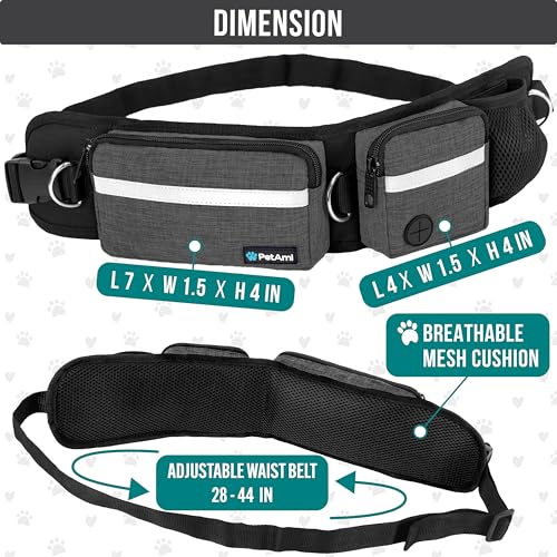 PetAmi Hands Free Dog Leash with Waist Running Belt Bag, Single (Charcoal) - color: Charcoal Grey, size: 1 Leash
