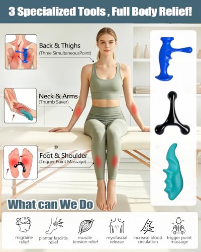 Abnaok Trigger Point Massage Tool for Deep Tissue, 3PCS Fascia Release Tools Set, Thumb Saver Massage Tool for Full Body Pain Relief, with 3-Legged Massage Knobs, Stress Relief