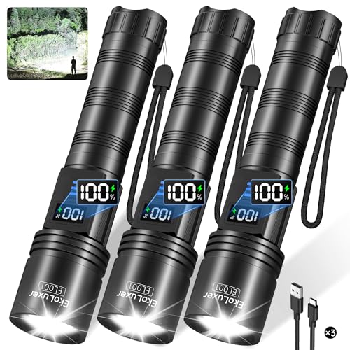 3Pack Rechargeable Flashlights 10000 High Lumens, Super Bright Flashlight with LCD Digital Display, 5Modes Adjustable LED Flashlight Tactical Flashlights High Powered, Flash Lights for Emergency - size: 4 Pack