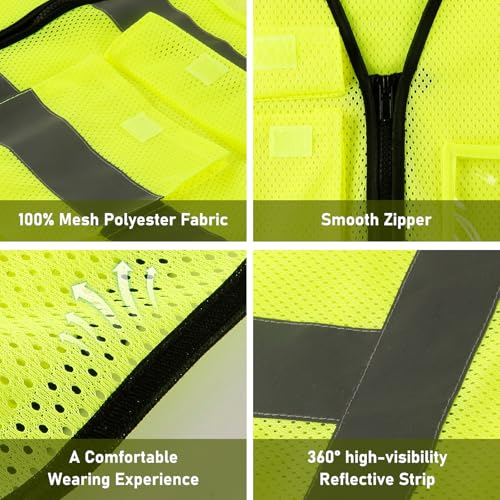 High Visibility Safety Vest with Pockets and Zipper, 1 Pack 5 Pack - color: Yellow-mesh, size: XX-Large