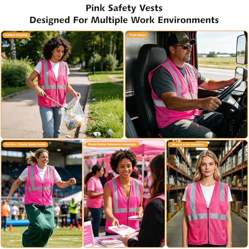 AYKRM 2 Pocket Mesh High Visibility Reflective Safety Vest for men & Women ANSI/ISEA 107 Standards - color: Pink, size: Large