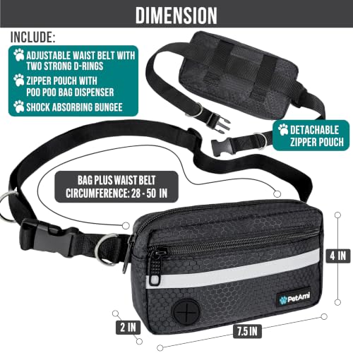PetAmi Hands Free Dog Leash Waist Belt Bag Fanny Pack, Single, Black - color: Black, size: 1 Leash