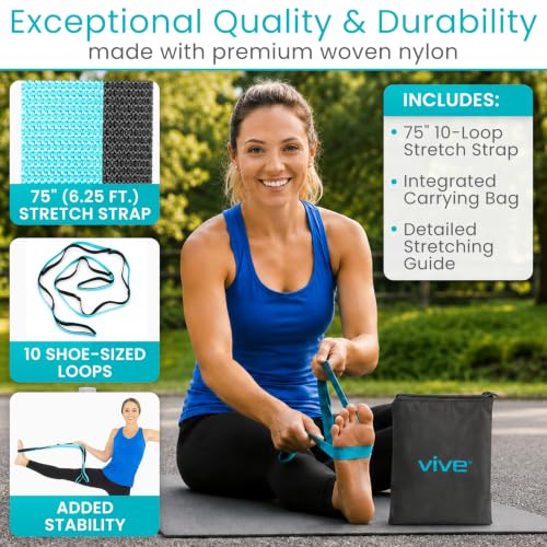 Vive Stretch Strap (75" - 10 Loops) - Leg Stretch Band to Improve Flexibility - Stretching Out Yoga Strap - Exercise and Physical Therapy Belt for Rehab, Pilates and Gymnastics with Guide Book - color: Teal