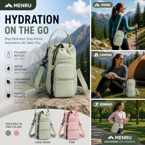 2 Pack Water Bottle Holder Bag with Strap for 30-40 Oz Bottles - color: green and pink