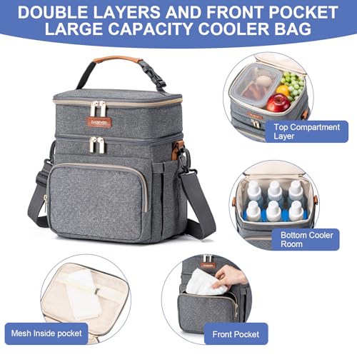 Breastmilk Cooler Bag with Ice Pack Fits 6 Baby Bottles Up to 9 Ounce, Double Deck Leak-Proof Baby Bottles Bag with Shoulder Strap for Nursing & Working Mom, - color: Grey with pocket