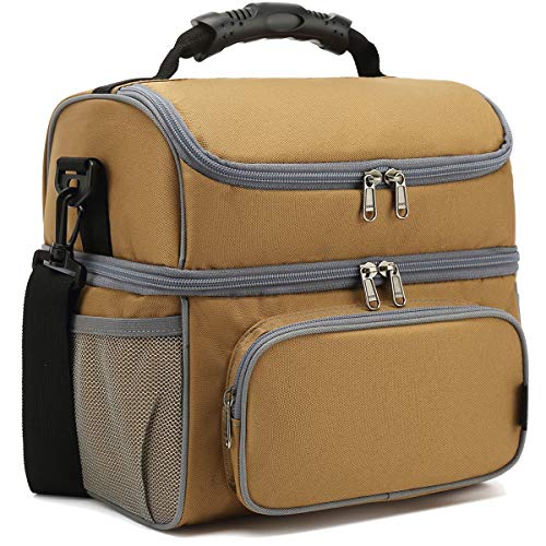 FlowFly Double Layer Cooler Insulated Lunch Bag Adult Lunch Box Large Tote Bag for Men, Women, With Adjustable Strap,Front Pocket and Dual Large Mesh Side Pockets - color: Brown