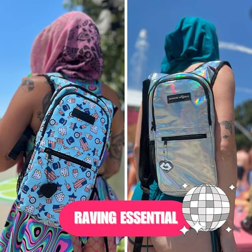 Kandies World Reflective Festival Hydration Pack - 2L Hydropack for Raves, Hiking, Biking, Running, and More (with Anti-Theft Pocket) - style: Blue Holographic