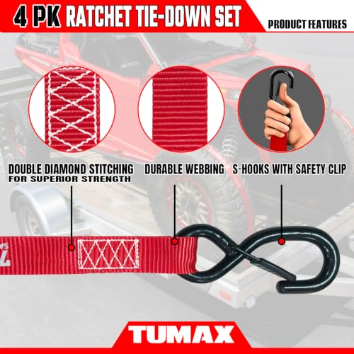4Pcs Ratchet Tie Down Straps: 15FT 2200lb for Truck, Motorcycle & Cargo - size: 2200lbs-Red