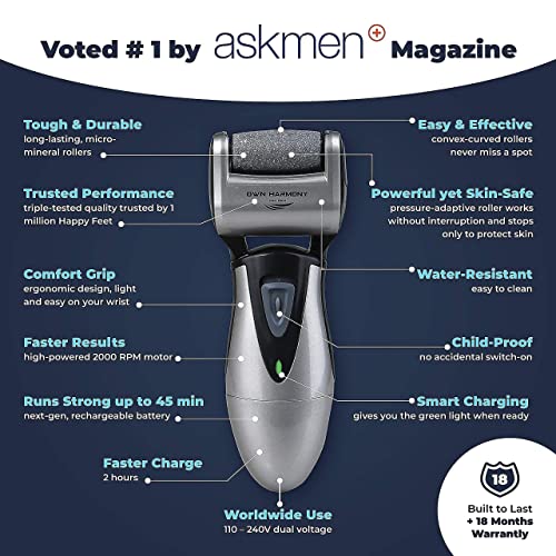 Own Harmony Electric Feet Callus Remover and 6 Rollers Bundle: Rechargeable Foot Scrubber Mens Pedicure Tools Kit, Professional Electronic Foot Care File, Best for Hard Cracked Dead Skin & Pedi Spa