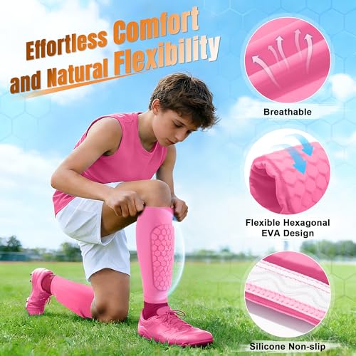 XZQTIVE Soccer Shin Guards Shin Defender for Kids Youth Adult, Ski Shin Guard Calf Compression Sleeve with Honeycomb Shin Pads - color: light pink, size: X-Large