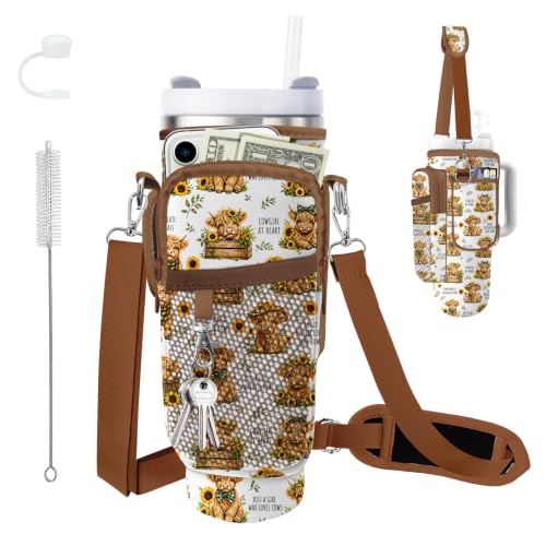 Water Bottle Carrier Bag for Stanley Cup 40oz/30oz with Phone Pocket, Neoprene Water Bottle Holder with Adjustable Shoulder & Handle Strap, Stanley Cup Accessories for Walking Travel Gym - color: Highland Cattle