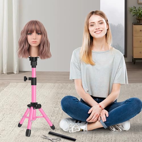 ZQIAN BEAUTY 25 Inch Wig Stand Tripod, Adjustable Mannequin Head Stand, Wig Head Stand for Training Heads And Canvas Block Head (Pink, Mannequin Head Not Included) - color: Pink, size: 25 Inch