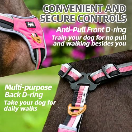 PUPTECK Escape Proof Dog Harness with Padded Handle, No Pull Pet Vest Harness Durable Reflective for Medium Large Dogs Walking Training and Running, Pink, L - color: Pink, size: Large