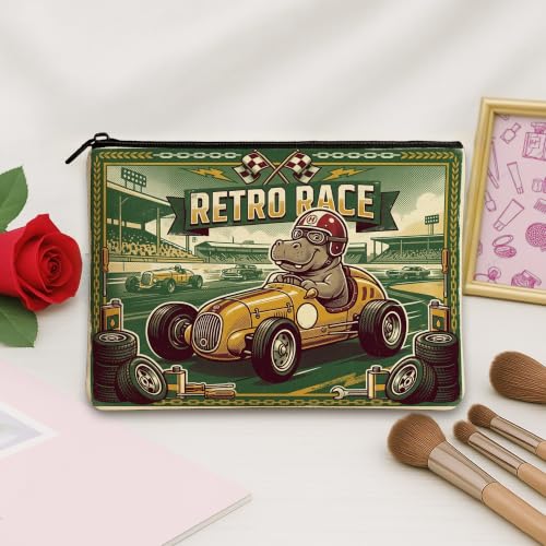 Retro Race Cosmetic Bag, Hippo Racing Pattern Travel Pouch for Men, Portable Small Canvas Zipper Organizer, Everyday Skincare Toiletry Bag 7x9 Inch
