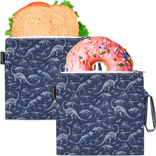 Fammart Reusable Sandwich Bag/Snack Bag for Kids & Adults, Dual Layer Lunch Bag with Handle, Washable, Food Safe, BPA Free (2-Pack, Dinosaur Fossil) - color: Large, 2 Packs - Dinosaur Fossil