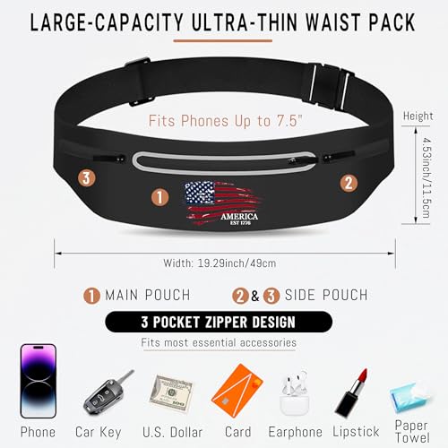 American Flag Slim Running Belt Waist Pack Black Jogging Fanny Pack for Men - color: American Flag