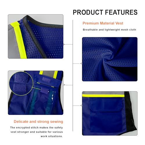 Women High Visibility Safety Vest with 9 Pockets and Zipper, Breathable Class 2 Reflective Construction Work Vest,Blue X-Small - color: Blue, size: X-Small