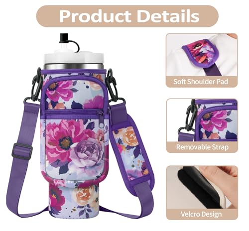 AceTreker Water Bottle Carrier Bag with Strap for Stanley 40/30 oz Tumbler Neoprene Insulated Cup Holder Sleeve with Phone Pocket & Straw Cover for Stanley Cup Accessories - color: 02-Purple Rose, style: 30 Oz