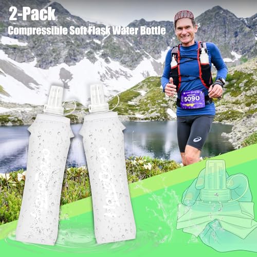 2PCS Running Vest Soft Flask, BPA-Free Soft Flasks 17oz/500ml TPU Collapsible Water Bottle for Hydration Backpack, Folding Running Water Bottles for Marathon Hiking Cycling Climbing - color: White